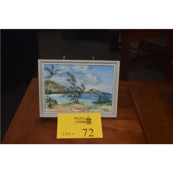 FRAMED OIL ON ART BOARD, "KAILUA BEACH PARK"; BY ANNE LOMBARD (7 3/4" X 5 3/4") (DOES NOT INCLUDE ST