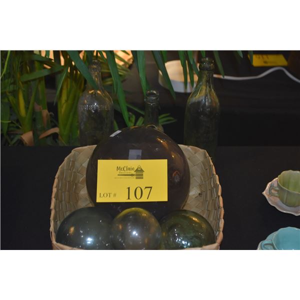 COLLECTION OF GLASS FISHING FLOATS & BOTTLES (7 PCS) (DOES NOT INCLUDE BASKET)