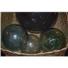 Image 3 : COLLECTION OF GLASS FISHING FLOATS & BOTTLES (7 PCS) (DOES NOT INCLUDE BASKET)
