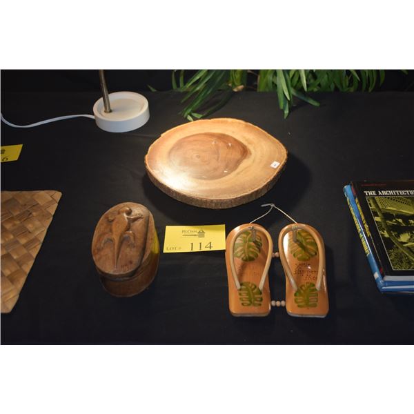 CARVED WOOD BOX, WOOD CHEESE BOARD & SIGN (PLEASE REMOVE YOUR SLIPPERS/SHOES) (3 PCS)