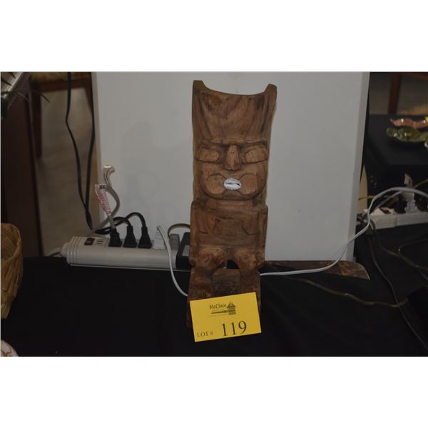 CARVED WOOD TIKI W/SHELL MOUTH (16")