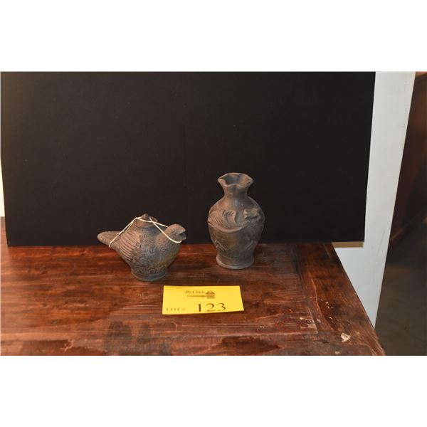 CERAMIC VASE W/DRAGON MOTIF & BLACK POTTERY BIRD SHAPED VESSEL (2 PCS)