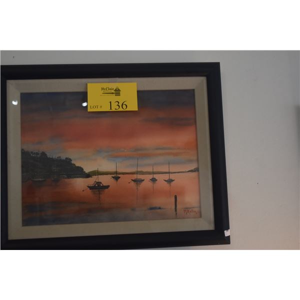 FRAMED WATERCOLOR, SAILBOATS SUNSET; SIGNED M. KELLER (16 1/4" X 20 1/4")