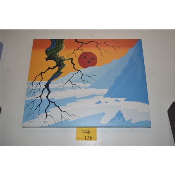 LIMITED EDITION GICLEE ON STRETCHED CANVAS, "SUN OVER CLIFFS" BY LARISSA HOLT 205/995 (27" X 21 1/4"