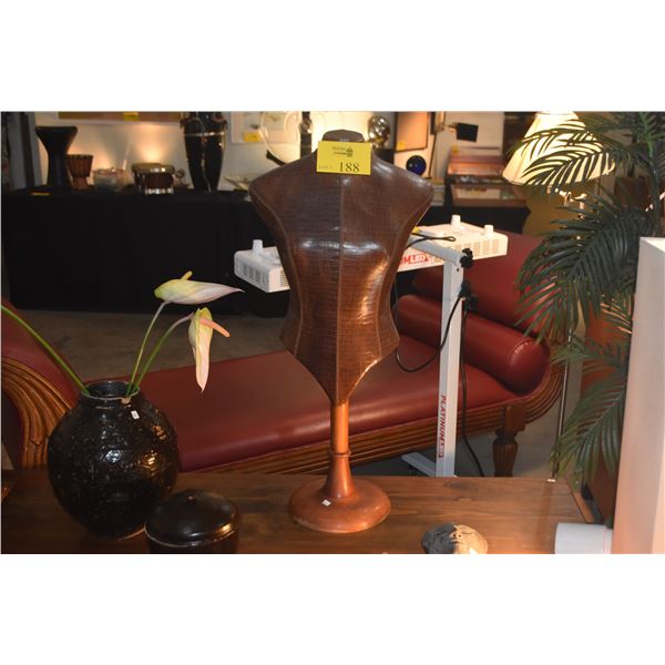 VINTAGE MANNEQUIN, LEATHER ON WOOD STAND (35 1/2")