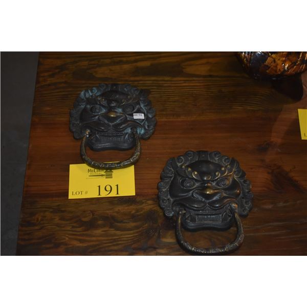 PAIR VINTAGE CHINESE BRONZE DOOR KNOCKERS, STYLIZED BEAST/LION LIKE FACES (PAIR)