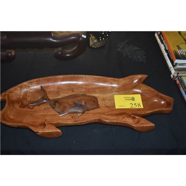 VINTAGE MONKEYPOD "PIG" TRAY (27 1/2" X 10") & CARVED FISH, MARKED "HAWAII"  (2 PCS)