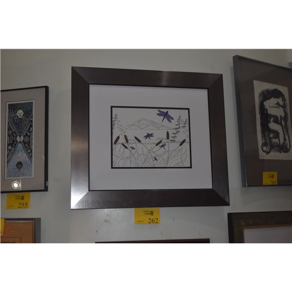FRAMED ART, DRAGONFLIES & CATTAILS BY LARISSA HOLT (27" X 24")