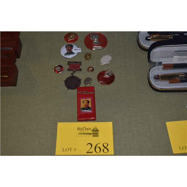 ASSORTED MAO PINS & LIGHTER (11 PCS)