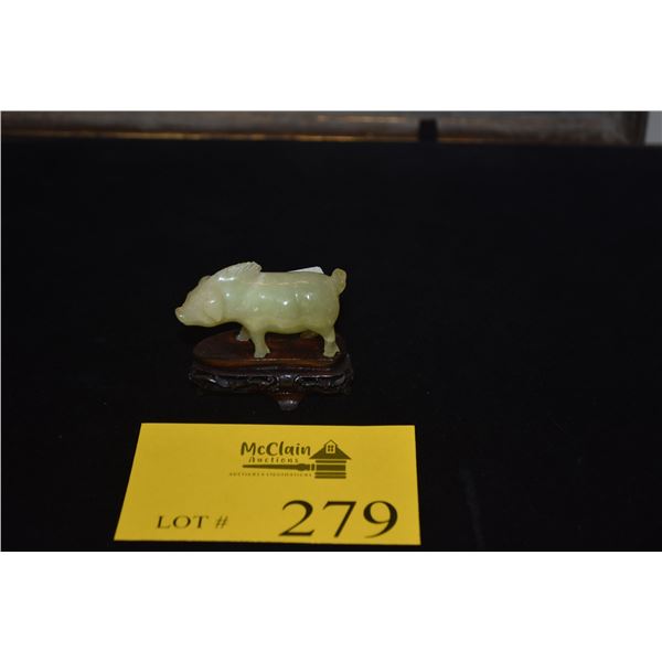 SERPENTINE JADE CARVED PIG ON STAND