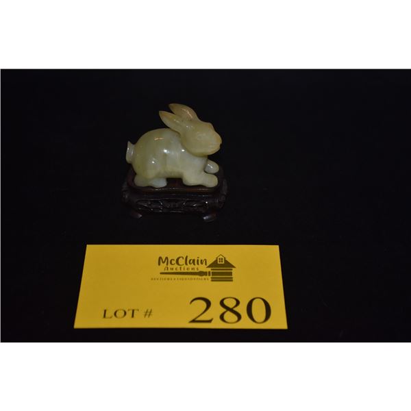 SERPENTINE JADE CARVED RABBIT ON STAND