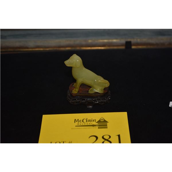 SERPENTINE JADE CARVED DOG ON STAND