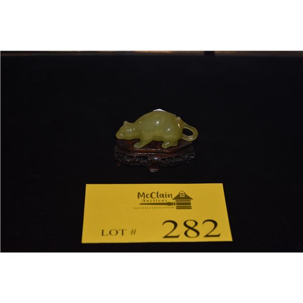 SERPENTINE JADE CARVED RAT ON STAND