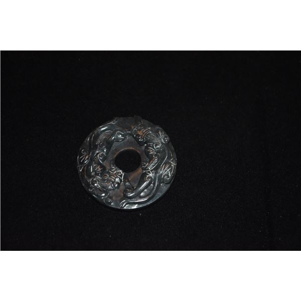 CARVED BLACK JADE PI W/WATER DRAGONS