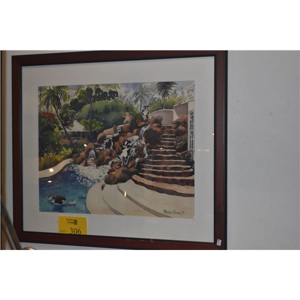 FRAMED WATERCOLOR PAINTING, "POOL PARTY"; SIGNED PEGGY CHUN '91 (30 3/4" X 27")