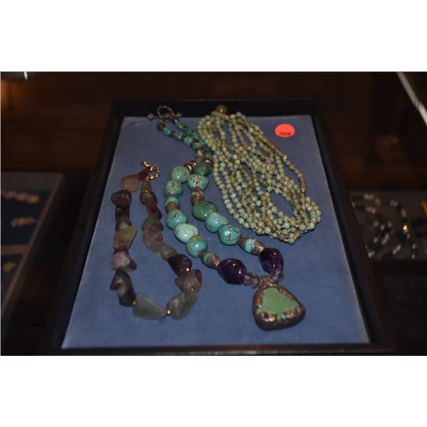 COLLECTION OF BEAD NECKLACES: HUNAN JADE, TURQUOISE & FLUORITE (3 PCS)
