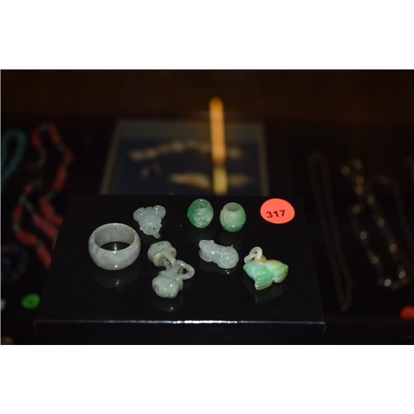 CARVED JADE PENDANTS, BEADS & RING (7 PCS)