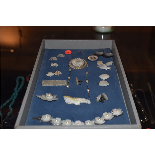 VINTAGE COLLECTION OF MOTHER OF PEARL JEWELRY & CARVINGS
