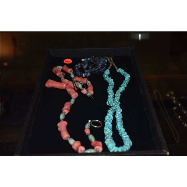 3 BEAD NECKLACES: TURQUOISE, CORAL & LAPIS LAZULI
