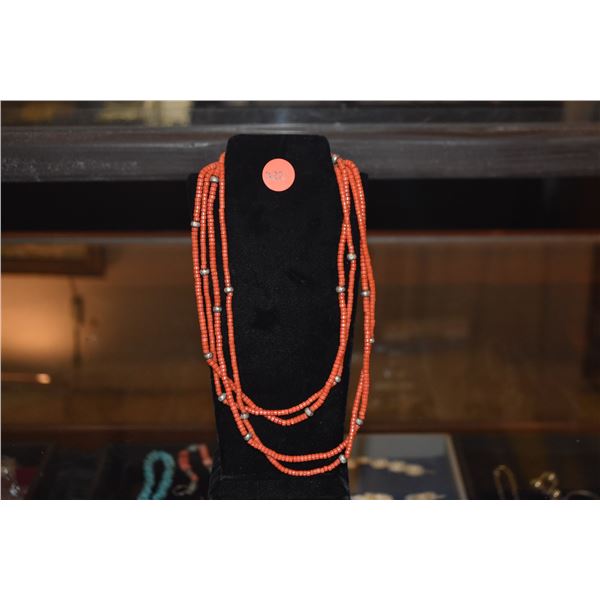 CHINESE 2 STRAND SILVER RED CORAL NECKLACE (36")