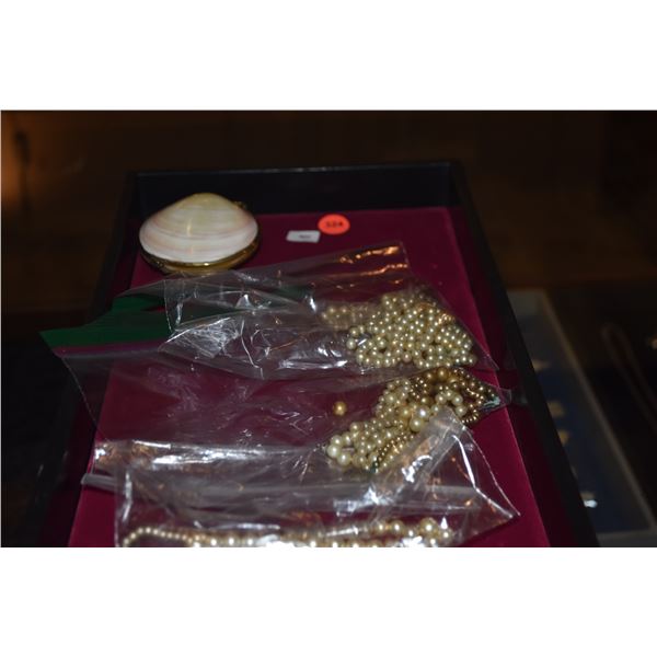 COLLECTION OF FAUX PEARLS & CLAMSHELL TRINKET BOX