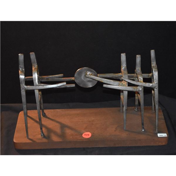 SATORU ABE FIVE MEN 5 SCULPTURE, MILD-CUT STEEL & WOOD; SIGNED SATORU '09 (11" X 3" X 8")