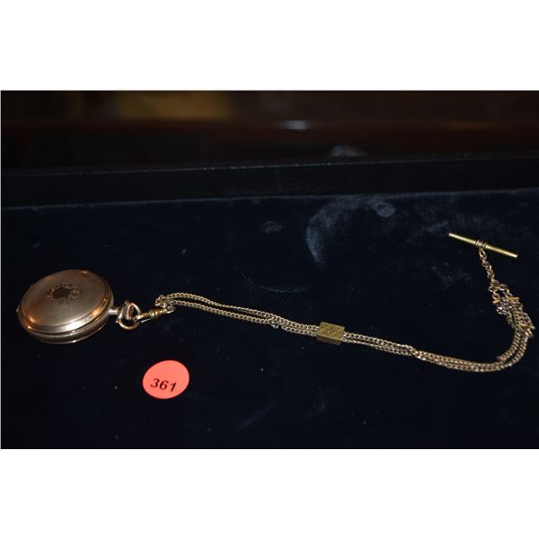 ELGIN GOLD TONE POCKET WATCH ON CHAIN (MISSING CRYSTAL), W/PORCELAIN FACE