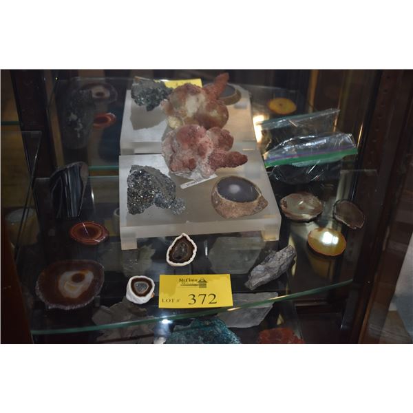 COLLECTION OF GEODE, SLABS, FOSSILIZED WOOD & MINERAL SPECIMENS (DOES NOT INCLUDE STAND)