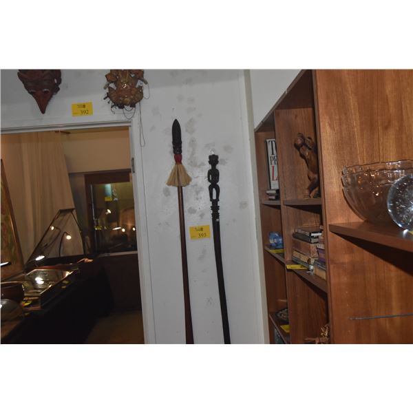 WOODEN STAFF W/FEMALE FIGURE & SPEAR W/MINERAL EYES (2 PCS)