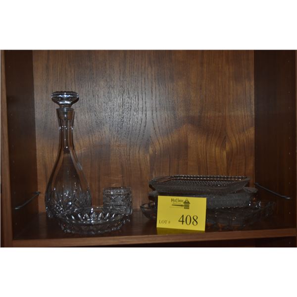 ASSORTED PARTITIONED SERVING TRAYS, CRYSTAL DECANTER, BOWL & TOOTHPICK HOLDER (6 PCS)