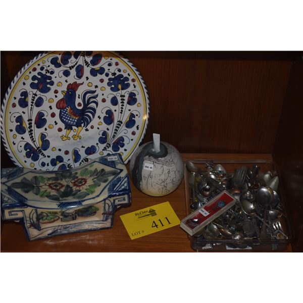 ANTIQUE CHINESE PILLOW, ITALIAN SERVING PLATE, COLLECTION OF ASSORTED COLLECTOR SPOONS, RAMILLA BATR