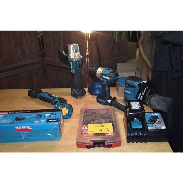 COLLECTION OF MAKITA TOOLS: SAWZALL, GRINDER, DRILL, ORBITAL SANDER, MULTI TOOL, MISC. BLADES, CHARG