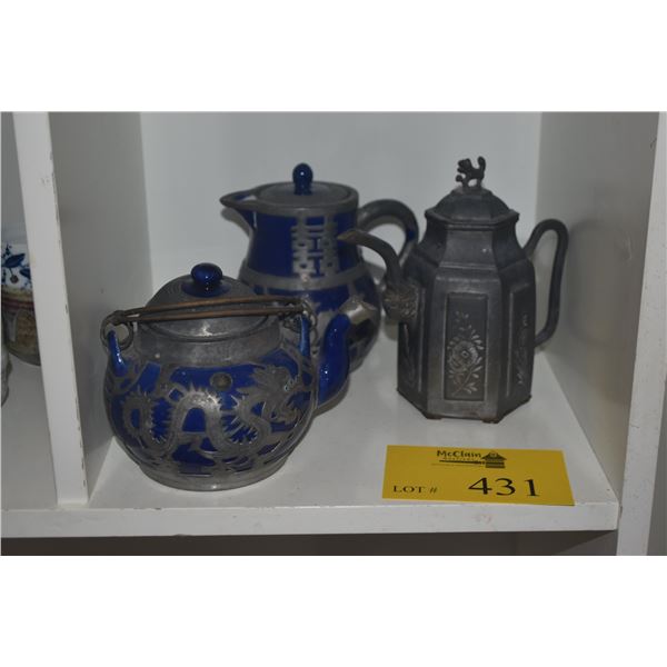 PEWER LIQUOR POT, METAL & CERAMIC TEAPOTS (3 PCS)