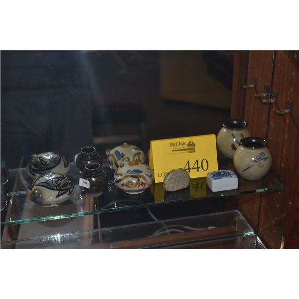 COLLECTION OF WATER DROPPERS, BRUSH REST & BRUSH WASHERS (8 PCS)