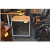 Image 1 : ROLLING 2 DOOR CABINET W/CONTENTS: BARBECUE GRILL, FIRE STARTER, GRILLS, CLEANING TOOLS, FOLDING TAB