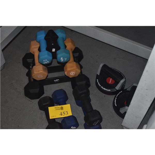 COLLECTION OF FREE WEIGHTS & PERFECT PUSHUP ROTATING HANDLES