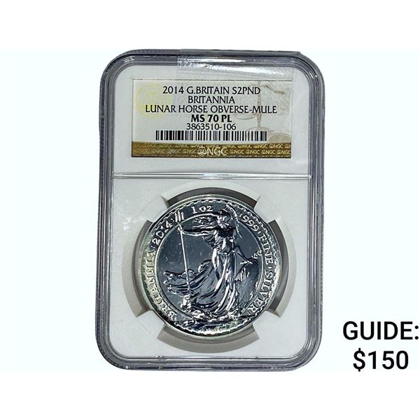 2014  NGC MS70 PL 1 OZ. SIlver Britannia Mule