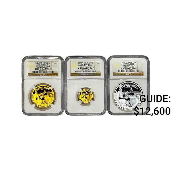 [3 Coins]2014 Disney Steamboat WIllie Gold&Silver Coins NGC