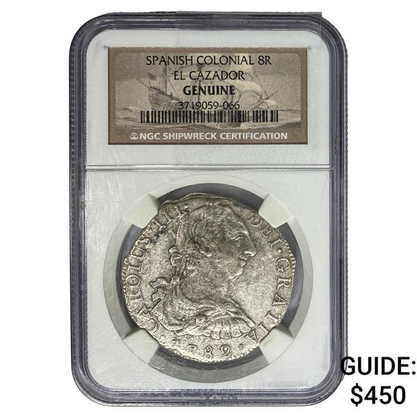 Spanish Colonial 8R El Cazador NGC Genuine Shipwreck