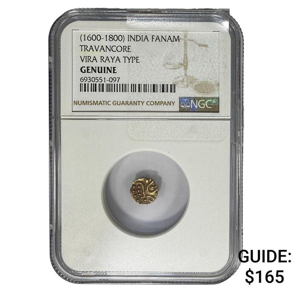 1600-1800 India Fanam Travan. Vira Raya TY .14AGW Genuine
