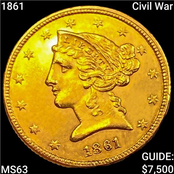 1861 Civil War $5 Gold Half Eagle CHOICE BU