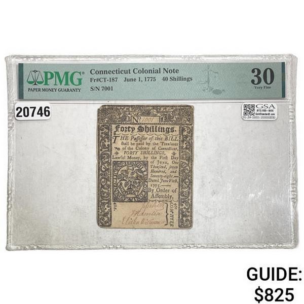 Connecticut Colonial Note June 1, 1775 40 Shillings