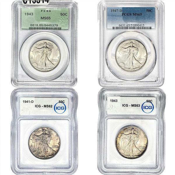 1941-1947 GEM BU Walking Lib Half Dollar [4 Coins] PCGS/ICG MS62/65
