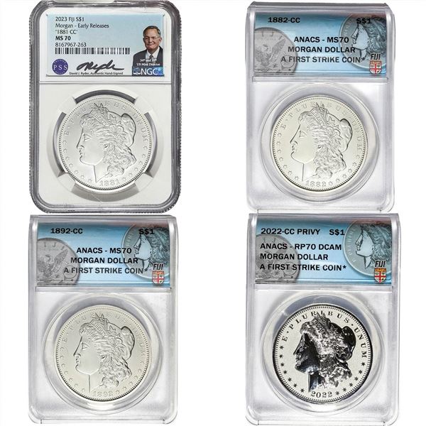 2023 (1881-2022) Figi CC Privy Morgan Silver Dollar [4 Coins] ANACS/NGC MS70