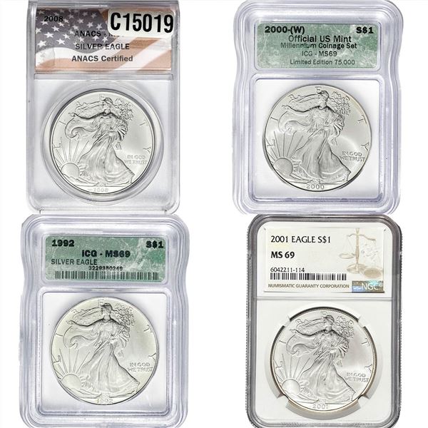 1992-2008 GEM BU US 1oz Silver Eagle [4 Coins] NGC/ANACS/ICG MS69/70