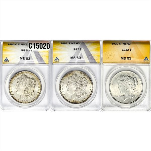 1885-1922 GEM BU US Silver Dollar [3 Coins] ANACS MS63