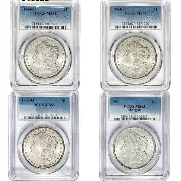 1884-1921 GEM BU Morgan Silver Dollar [4 Coins] PCGS MS62/63