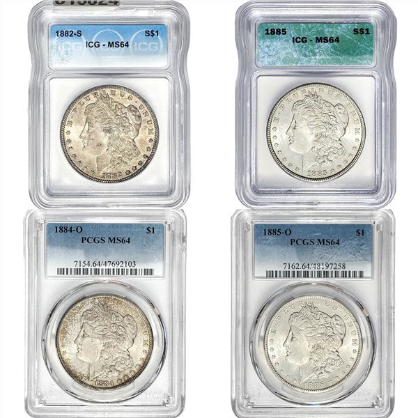 1882-1885 GEM BU Morgan Silver Dollar [4 Coins] PCGS/ICG MS64