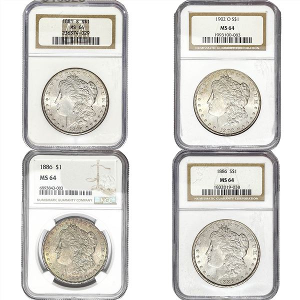 1881-1902 GEM BU Morgan Silver Dollar [4 Coins] NGC MS64