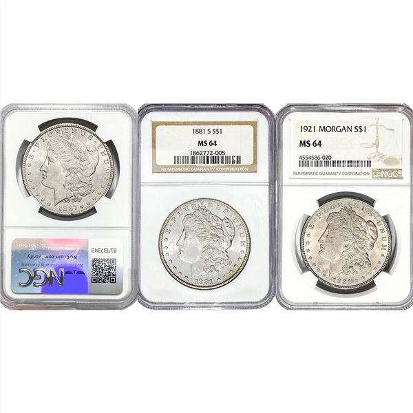1881-1921 GEM BU Morgan Silver Dollar [3 Coins] NGC MS62/64